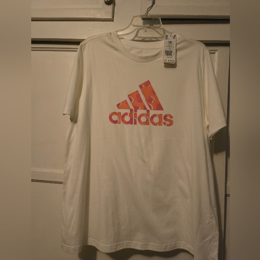 NWT-Adidas White Tee with Vibrant Pink Logo